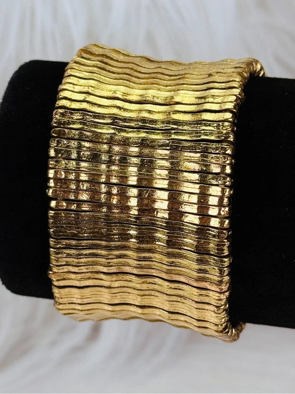 Goldtone Textured Wide Cuff Stretch Bracelet